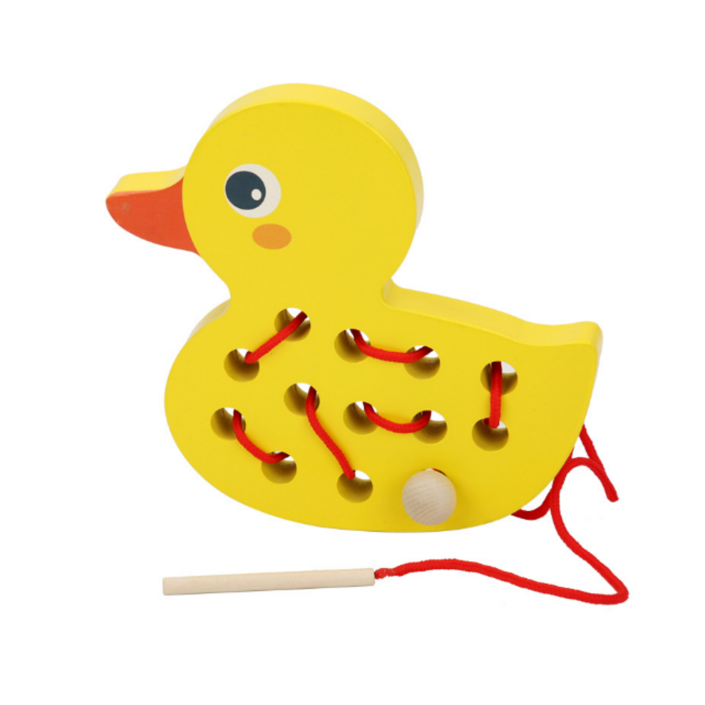 Mooie, stevige, gele rijgplank in de vorm van een eend. Peuters zullen zich hier goed mee vermaken en oefenen zo de fijne motoriek.