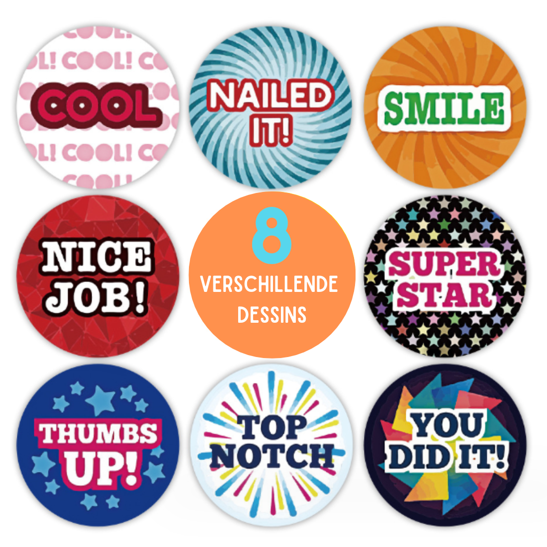 500 beloningsstickers voor kinderen op rol met verschillende Engelse woorden om de kinderen te motiveren en te stimuleren.