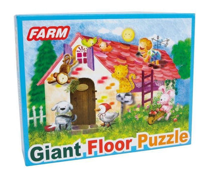 Grote vloerpuzzel van 48 puzzelstukken met afbeelding van een boerderij en boerderijdieren.