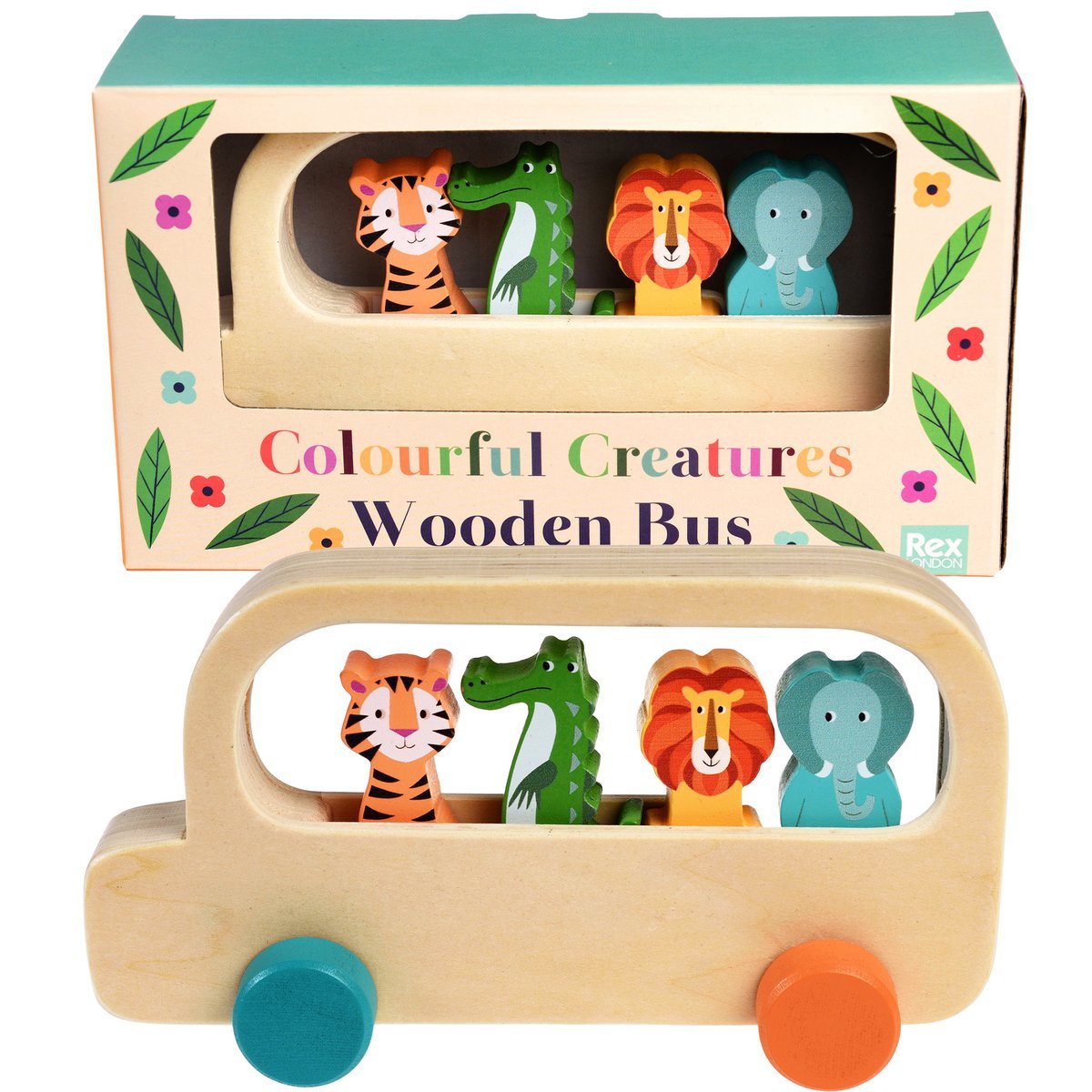 Houten bus met kleurrijke dieren