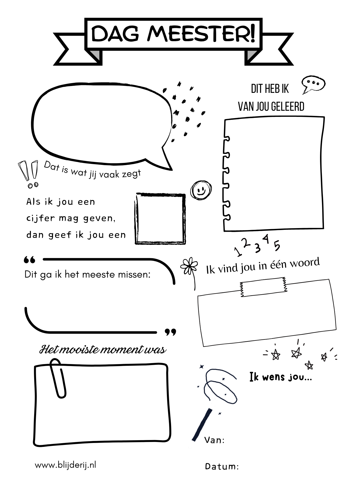 Invulblad afscheid meester