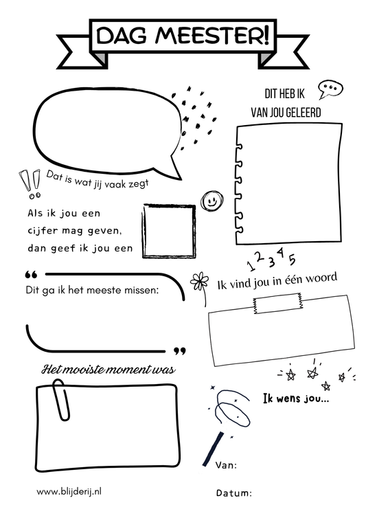 Invulblad afscheid meester