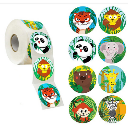 500 beloningsstickers voor kinderen op rol met verschillende wilde dieren